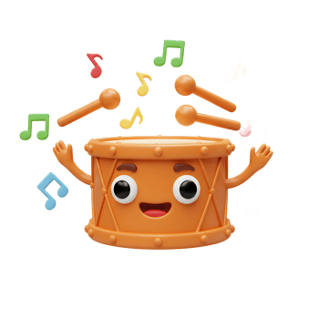 Cartoon Drum Character with Sticks and Musical Notes on White png