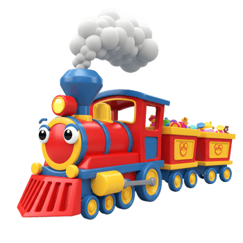 Colorful Toy Train with Smiling Face and Smoke on White Background png