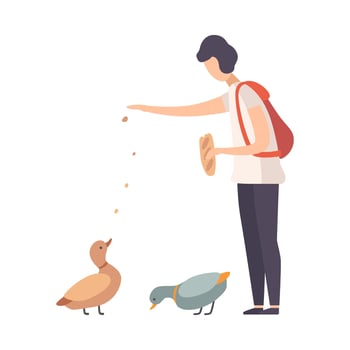 Young Woman Wearing T-shirt Standing and Feeding Wild Ducks in Park Illustration vector