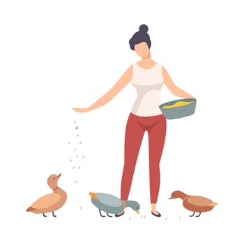 Young Woman Wearing T-shirt Standing and Feeding Domestic Ducks on the Farm Illustration vector