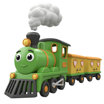 Cartoon Train Toy with Faces and Hearts Illustration on White png