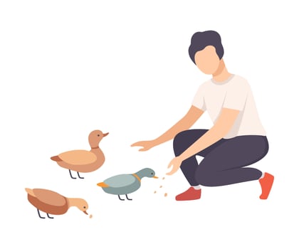 Young Faceless Man Sitting on His Haunches and Feeding Wild Ducks in the Park Illustration vector