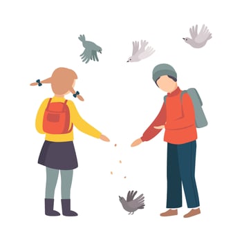 Children Stopped Feeding Pigeons on Their Way Home from School Illustration vector