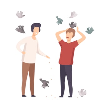 Young Male Friends Walking in Park and Feeding Birds Illustration vector