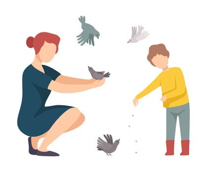 Woman Walking with Her Son in the Park and Feeding Pigeons Illustration vector