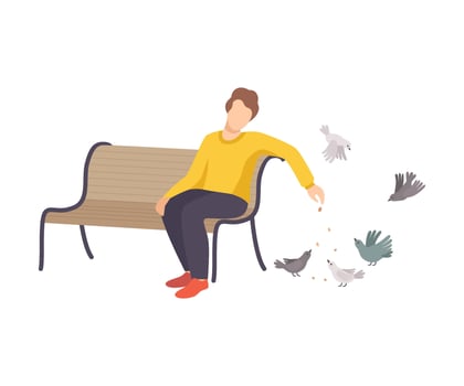 Young Man Wearing Sweater and Sitting on Bench Feeding Pigeons Dropping Crumbles on the Ground Illustration vector