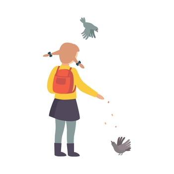 Child Stopped Feeding Pigeons on His Way Home from School Illustration vector
