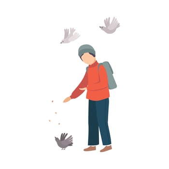 Child Stopped Feeding Pigeons on His Way Home from School Illustration vector