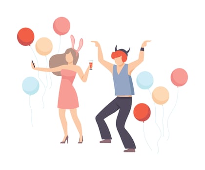 Man And Woman Cheerfully Dancing With Balloons At A Party Illustration Isolated On White Background vector