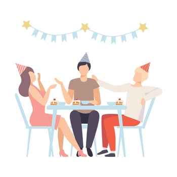 People Celebrating Birthday, Eating Desserts And Drinking Tea At party Illustration Isolated On White Background vector