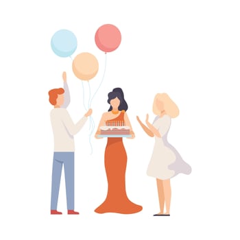 Birthday Celebration, People With Festive Cake And Surprise With Balloons At Party Illustration Isolated On White Background vector