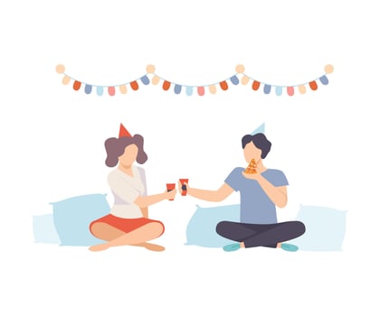 Guy And Girl With Food And Drinks At Pajama Party Illustration Isolated On White Background vector