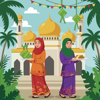 two women in traditional clothing carrying plates of food vector
