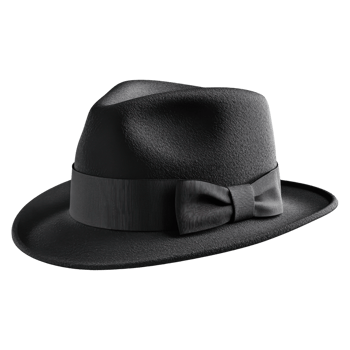 A Classic black fedora hat with stylish ribbon band. png