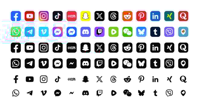Set of popular social media logo icons. facebook, youtube, instagram, threads, x, linkedin, telegram, snapchat, whatsapp, reddit, rednote, pinterest, quora, discord, messenger, twitch etc vector