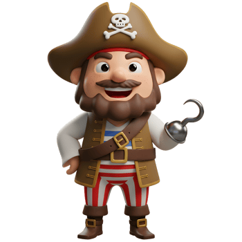 Cartoon Pirate Character with Hook and Hat, Standing on White png
