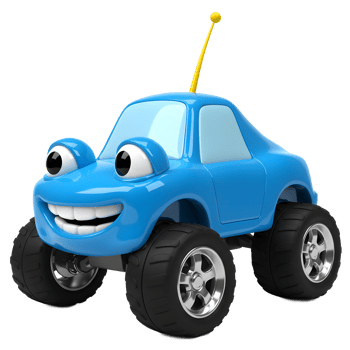 Cartoon Blue Toy Car with Big Smile and Wheels on White png