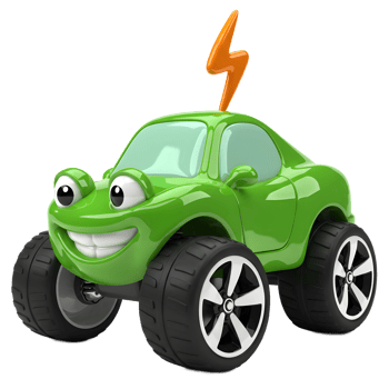 Smiling Green Cartoon Car with Lightning Bolt, Electric Vehicle Concept png
