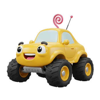 Smiling Yellow Cartoon Car with Big Tires Isolated on White Background png