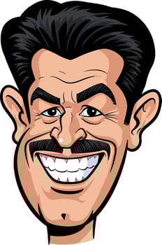 Cartoon-style character with a big smile and thick mustache in flat art vector