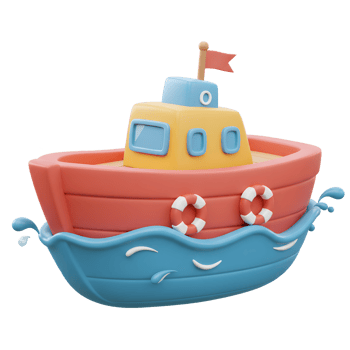 Cute Toy Boat Floating on Water with Lifebuoys and Small Flag png