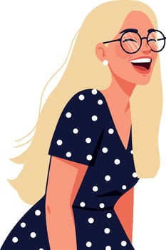 Joyful young woman with long blonde hair wearing a polka dot dress in a flat illustration vector