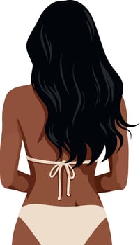 Woman with long black hair wearing a bikini in a minimal illustration vector