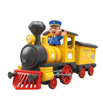 Cartoon Train Conductor Waving in Toy Engine with Steam Animation png