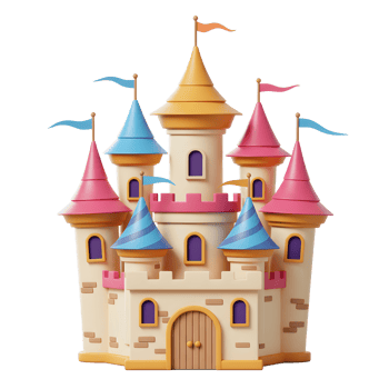 Stylized Colorful Toy Castle Illustration with Towers and Flags on White png