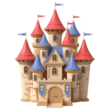 Whimsical Toy Castle with Towers and Flags on White Background png