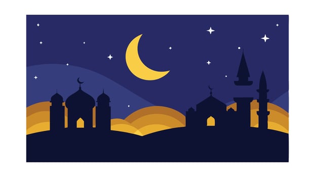 Nighttime Mosque Silhouette Crescent Moon, Stars, and Desert Hills vector