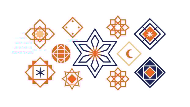 Islamic Geometric Patterns Orange, Blue, Star, Crescent, Ramadan vector