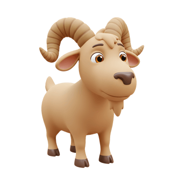Cartoon Mountain Goat with Curved Horns Standing on White Background png
