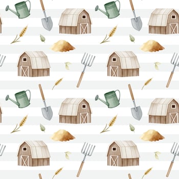 Seamless pattern with watercolor barn and agricultural tools. Farm pattern. Agricultural watercolor background vector
