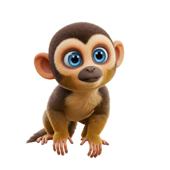 Cartoon Baby Monkey Posing on Branch with Big Blue Eyes Smiling png