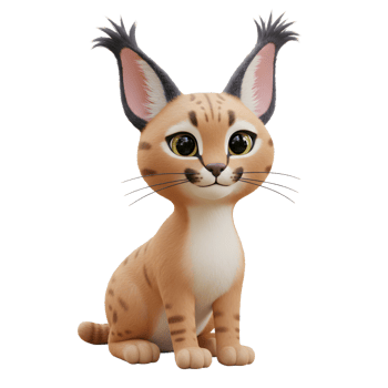 Cartoon Caracal Kitten Sitting Posing on White Background with Playful Expression png