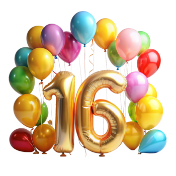 Number sixteen with Birthday Balloons is isolated on transparent background png