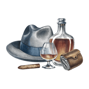 Cognac, expensive cigarettes, a purse and a man's hat. Handmade watercolor illustration. A vintage-style color image with a men's theme. A rich and well-off man. For banner, flyer, invitation, poster png