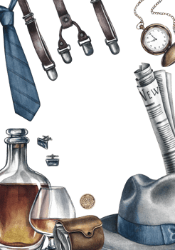 A postcard for a man. A frame with men's accessories. Handmade watercolor illustration. A color image of the vertical template. A rich and well-off man. For celebrating All Men's Day or Father's Day. png