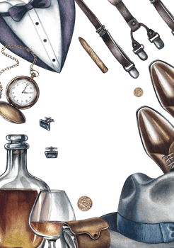 A postcard for a man. A frame with men's accessories. Handmade watercolor illustration. A color image of the vertical template. The objects of a rich man. To celebrate All Men's Day or Father's Day. png