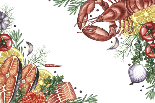 Corner frame with lobster and fish, vegetables and spices. A hand-drawn watercolor illustration. A color image of a seafood template. For menu, recipe, invitation and packaging. png