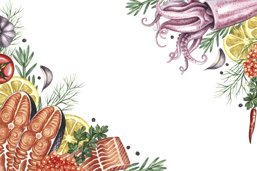 Corner frame with an image of squid and sliced red fish with vegetables. A hand-drawn watercolor illustration. A color image of a seafood template. For menus, labels, invitation png