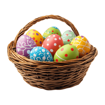 Woven wicker basket with colorful decorated Easter eggs, isolated on transparent background png