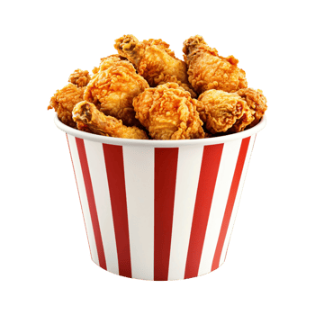 Bucket of crispy fried chicken pieces in red and white striped container, isolated on transparent background png