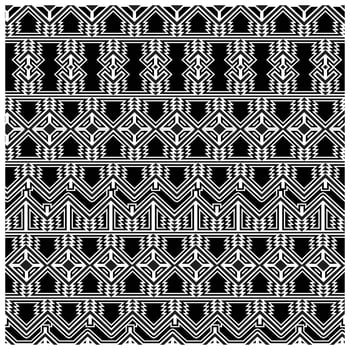 Black and white tribal pattern featuring geometric shapes and zigzag designs in horizontal stripes. vector