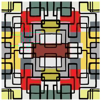 Abstract geometric pattern featuring interlocking black lines with bold red, yellow, green, white, and gray blocks, it could be used as a wallpaper, fabric design, pillow, bag vector