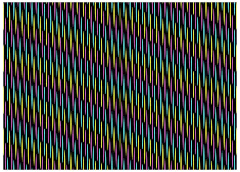 A vibrant, repeating pattern of colorful pointed shapes in yellow, pink, and blue against a black background, creating a dynamic visual effect. vector