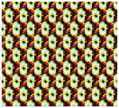 Colorful geometric pattern featuring interlocking hexagons in red, yellow, black, and green hues, on a light green background, it could be used as a wallpaper, fabric design and pillow vector