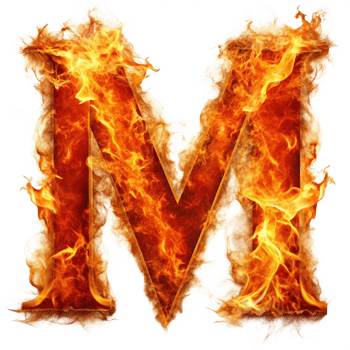 capital letter M written in the fire is isolated on transparent background png