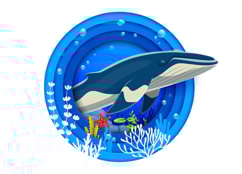 Paper cut ocean day banner with big whale in water vector
